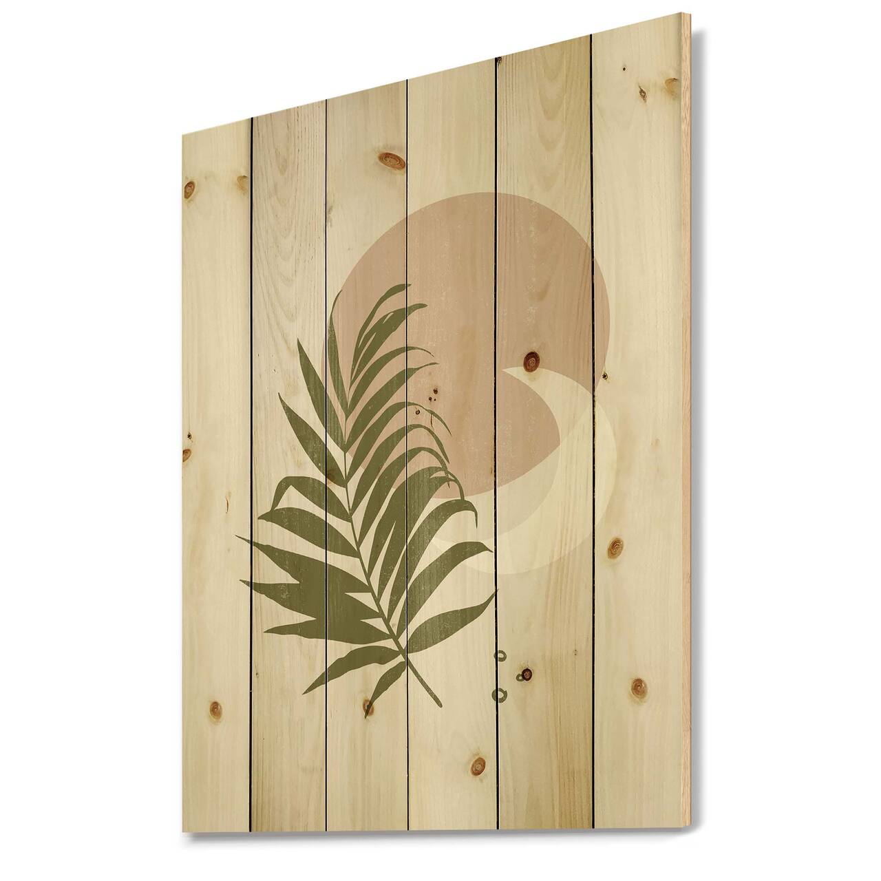 Designart - Abstract Sun and Moon With Green Leaf II - Modern Print on Natural Pine Wood